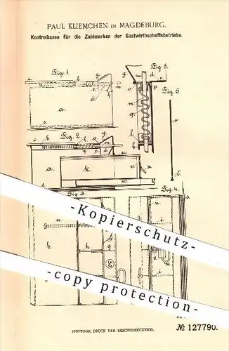 original Patent - P. Kliemchen , Magdeburg , 1901 , Kontrollkasse für Gastronomie , Kasse , Kassen , Kellner , Zahlmarke