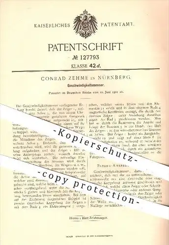 original Patent - Conrad Zehme in Nürnberg , 1901 , Geschwindigkeitsmesser , Tachometer , Tacho , Geschwindigkeit !!!