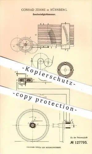 original Patent - Conrad Zehme in Nürnberg , 1901 , Geschwindigkeitsmesser , Tachometer , Tacho , Geschwindigkeit !!!