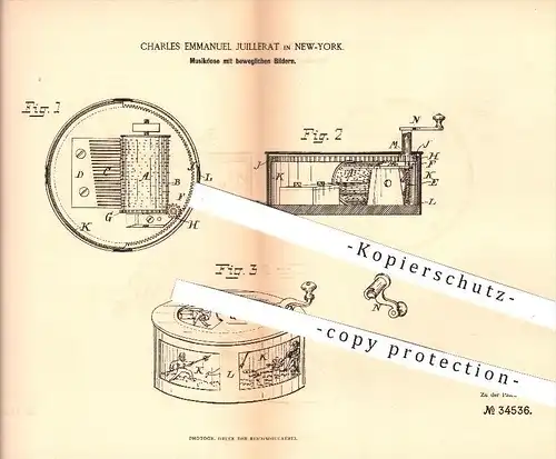 original Patent - Ch. Emmanuel Juillerat , New York , USA , 1885 , Musikdose mit beweglichen Bildern , Spieluhr , Musik