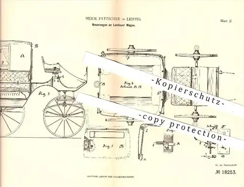 original Patent - Herm. Patzschke , Leipzig , 1881 , Landauer Wagen , Wagenbau , Kutsche , Kutschen , Kutscher !!!