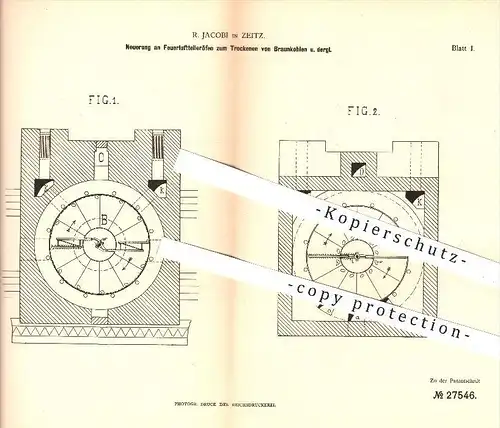 original Patent - R. Jacobi in Zeitz , 1883 , Feuerlufttellerofen zum Trocknen von Braunkohle , Ofen , Öfen , Kohle !!!