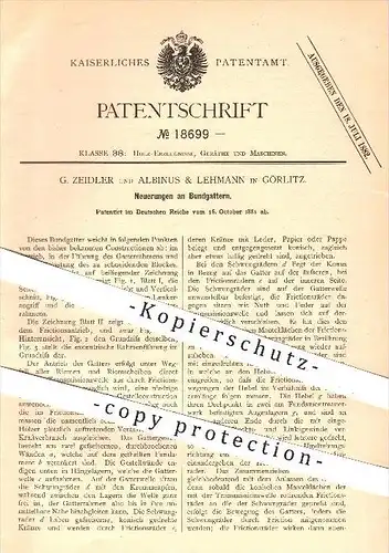 original Patent - G. Zeidler , Albinus & Lehmann , Görlitz , 1881 , Bundgatter , Gatter , Holz , Holzverarbeitung , Säge