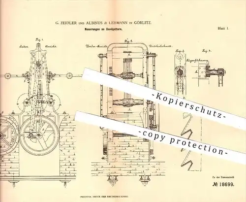 original Patent - G. Zeidler , Albinus & Lehmann , Görlitz , 1881 , Bundgatter , Gatter , Holz , Holzverarbeitung , Säge