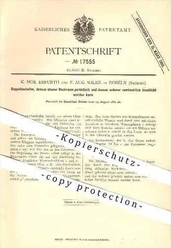 original Patent - K. M. Erfurth , F. A. Wilke , Döbeln , 1881, Doppelbackofen , Backofen , Ofen , Öfen , Bäcker , Backen