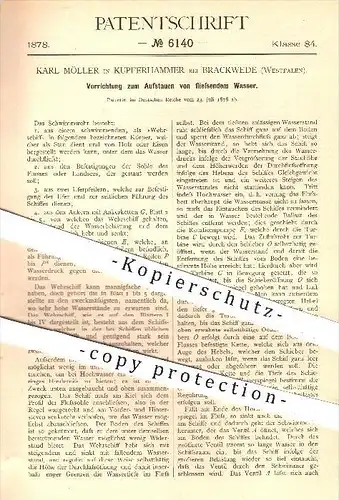 original Patent - Karl Möller , Kupferhammer , Brackwede , 1878 , Aufstauen von fließendem Wasser , Stau , Wasserbau !!