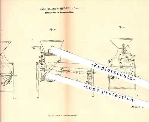 original Patent - Carl Pellenz , Hennef , 1884 , Schaukelsiebe für Auslesemaschinen , Getreide , Walzen , Landwirtschaft