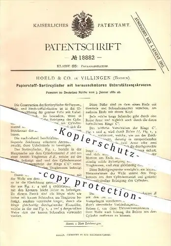 original Patent - Hoeld & Co. , Villingen , 1882 , Papierstoff - Sortierzylinder , Papier , Papierfabrik , Stroh , Stoff