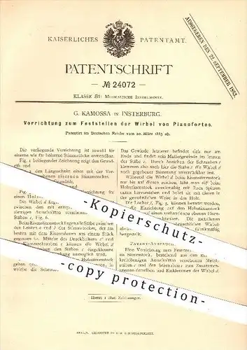 original Patent - G. Kamossa , Insterburg , 1883 , Feststellen der Wirbel an Pianofortes , Piano , Musikinstrumente !!