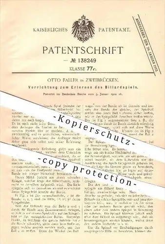 original Patent - Otto Faller in Zweibrücken , 1902 , Erlernen des Billardspiels , Billard , Spielen , Pool , Spiegel !!