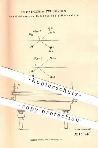 original Patent - Otto Faller in Zweibrücken , 1902 , Erlernen des Billardspiels , Billard , Spielen , Pool , Spiegel !!