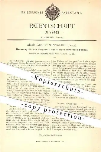 original Patent - Adam Graf in Winnweiler , 1894 , Steuerung für das Saugventil von Pumpen , Pumpe , Pumpwerk , Ventil !