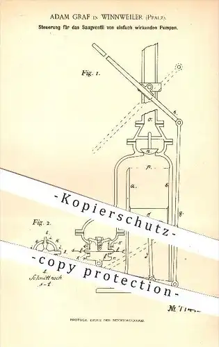 original Patent - Adam Graf in Winnweiler , 1894 , Steuerung für das Saugventil von Pumpen , Pumpe , Pumpwerk , Ventil !