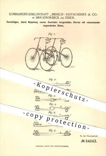 original Patent - KG Merkur Rothgiesser & Co. , Bergeborbeck , Essen , 1890 , Vierrad aus zwei Fahrräder , Fahrrad , Rad