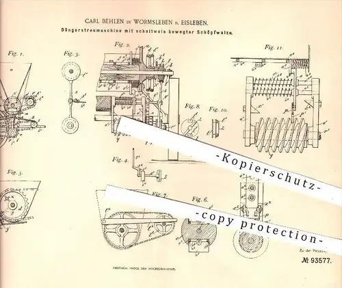 original Patent - Carl Behlen in Wormsleben , Eisleben , 1896 , Dünger - Streumaschine mit Schöpfwalze , Düngen , Bauer
