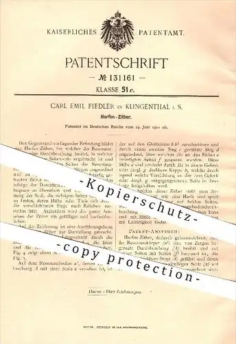 original Patent - Carl Emil Fiedler in Klingenthal , 1901 , Harfen - Zitter , Harfe , Zittern , Musikinstrument , Musik