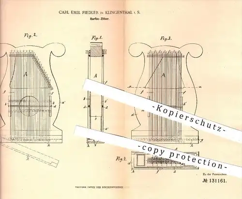 original Patent - Carl Emil Fiedler in Klingenthal , 1901 , Harfen - Zitter , Harfe , Zittern , Musikinstrument , Musik
