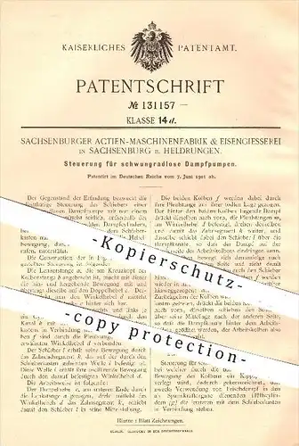 original Patent - Aktien - Maschinenfabrik & Eisengießerei in Sachsenburg , 1901 , Steuerung für Dampf - Pumpen , Pumpe