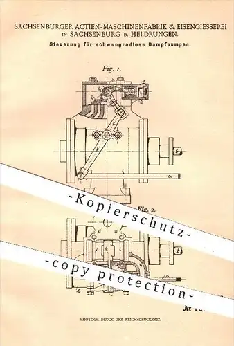 original Patent - Aktien - Maschinenfabrik & Eisengießerei in Sachsenburg , 1901 , Steuerung für Dampf - Pumpen , Pumpe