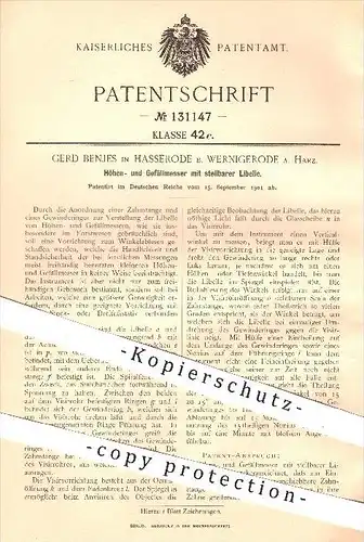 original Patent - Gerd Benjes , Hasserode , Wernigerode , Harz , 1901 , Höhenmesser u. Gefällmesser mit Libelle , Forst