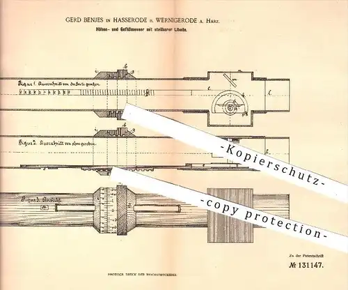 original Patent - Gerd Benjes , Hasserode , Wernigerode , Harz , 1901 , Höhenmesser u. Gefällmesser mit Libelle , Forst