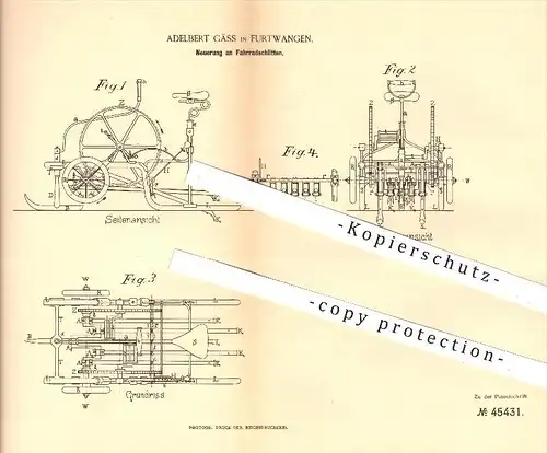 original Patent - Adelbert Gäss in Furtwangen , 1888 , Fahrradschlitten , Schlitten , Fahrrad , Fahrräder , Fahrzeugbau