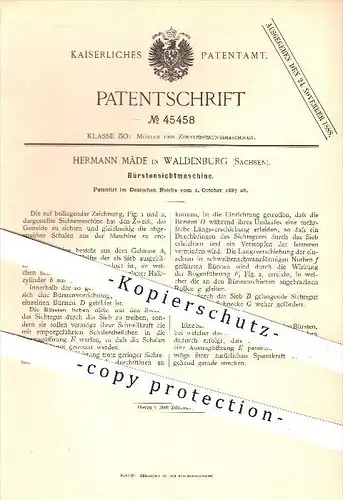 original Patent - Hermann Mäde in Waldenburg , 1887 , Bürstensichtmaschine , Mühle , Mühlen , Bürsten , Müller , Mehl