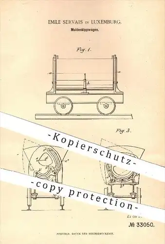 original Patent - Emile Servais in Luxemburg , 1885 , Muldenkippwagen , Wagen , Wagon , Eisenbahn , Eisenbahnen !!!