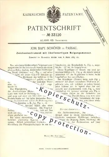 original Patent - Joh. Bapt. Schöner in Passau , 1885 , Zeicheninstrument mit leibellenartigem Neigungsmesser !!!