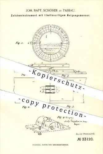 original Patent - Joh. Bapt. Schöner in Passau , 1885 , Zeicheninstrument mit leibellenartigem Neigungsmesser !!!