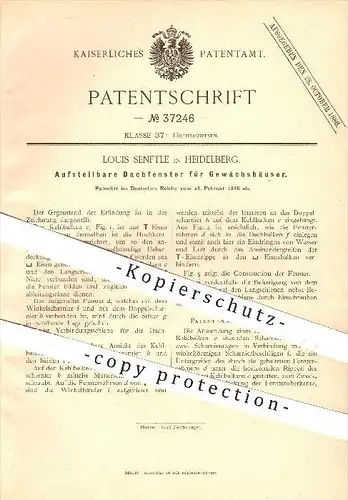original Patent - Louis Senftle , Heidelberg , 1886 , Aufstellbare Dachfenster für Gewächshäuser , Fenster , Gewächshaus