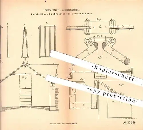 original Patent - Louis Senftle , Heidelberg , 1886 , Aufstellbare Dachfenster für Gewächshäuser , Fenster , Gewächshaus