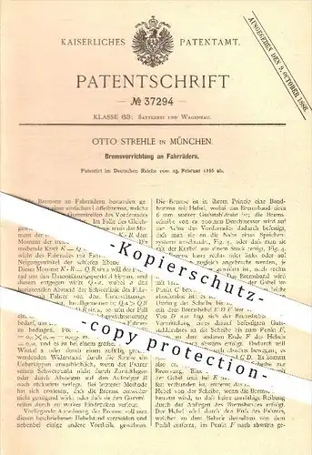 original Patent - Otto Strehle , München , 1886 , Bremsvorrichtung am Fahrrad , Fahrräder , Bremse , Bremsen , Fahrzeuge