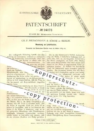 original Patent - Ch. F. Pietschmann & Söhne in Berlin , 1883 , Leierkasten , Leier , Musikinstrumente , Musik !!!