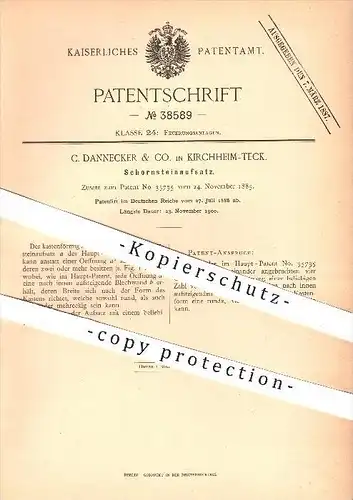 original Patent - C. Dannecker & Co. in Kirchheim - Teck , 1886 , Schornsteinaufsatz , Schornstein , Esse , Heizung !