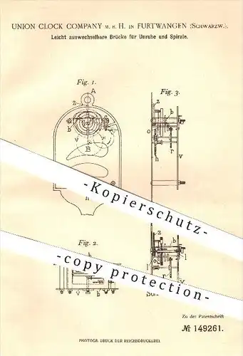 original Patent - Union Clock Company mbH , Furtwangen , 1902 , Brücke für Unruhe u. Spirale , Uhr , Uhren , Uhrwerk !!