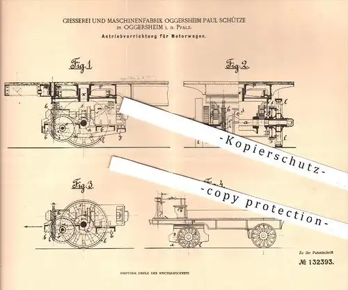 original Patent - Giesserei & Maschinenfabrik Oggersheim Paul Schütze , 1901 , Antrieb für Motorwagen , Motor , Motoren