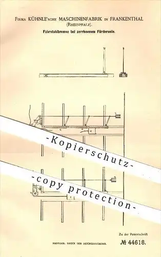 original Patent - Kühnle'sche Maschinenfabrik , Frankenthal , 1887, Fahrstuhlbremse , Fahrstuhl , Aufzug , Kühnle !!!