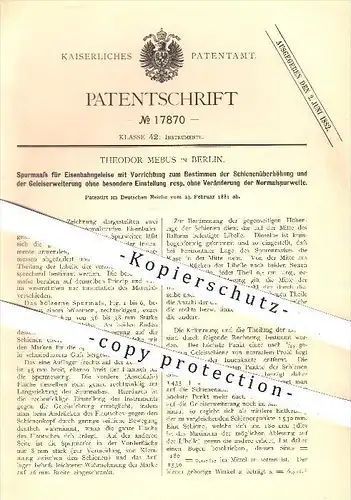 original Patent - Theodor Mebus , Berlin , 1881 , Spurmaß für Eisenbahngleise , Gleis , Gleise , Eisenbahn , Eisenbahnen
