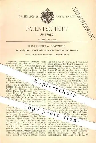 original Patent - Egbert Peter in Dortmund , 1894 , Vereinigtes amerikanisches u. russisches Billard , Sport , Freizeit