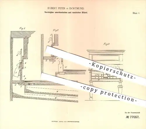 original Patent - Egbert Peter in Dortmund , 1894 , Vereinigtes amerikanisches u. russisches Billard , Sport , Freizeit