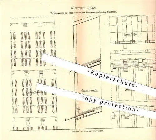 original Patent - W. Fenten in Köln , 1880 , Schrank für Eisenbahn - u. andere Fahrbillets , Billet , Billetschrank !!