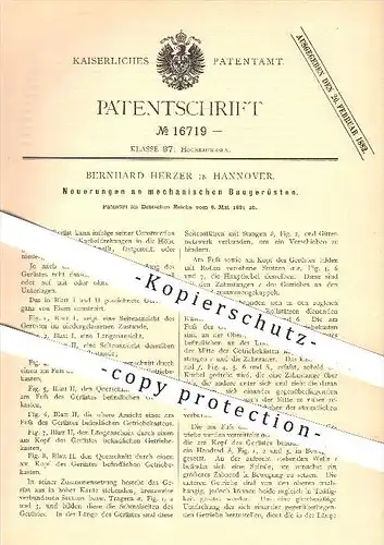 original Patent - Bernhard Herzer in Hannover , 1881 , mechanische Baugerüste , Bau , Gerüstbau , Gerüstbauer , Hochbau