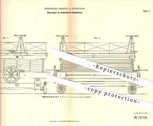 original Patent - Bernhard Herzer in Hannover , 1881 , mechanische Baugerüste , Bau , Gerüstbau , Gerüstbauer , Hochbau