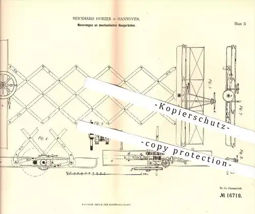 original Patent - Bernhard Herzer in Hannover , 1881 , mechanische Baugerüste , Bau , Gerüstbau , Gerüstbauer , Hochbau