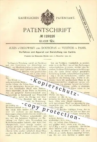 original Patent - Jules d'Orlowsky und Douschan de Vulitch in Paris , 1900 , Apparat zur Darstellung von Carbid , Karbid