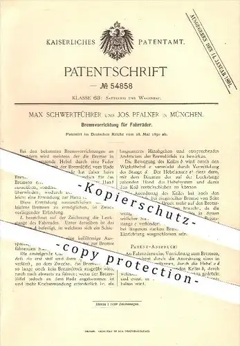 original Patent - Max Schwertführer und Jos. Pfalner in München , 1890 , Bremsen für Fahrräder , Bremse , Fahrrad !!