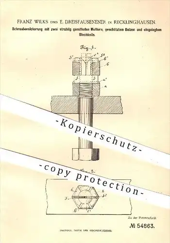 original Patent - Franz Wilks & E. Dreisfausenener in Recklinghausen , 1890 , Schraubensicherung mit genuteten Muttern !