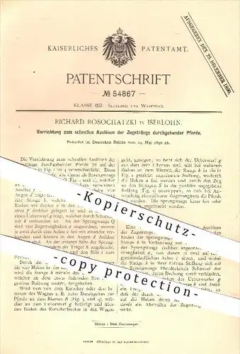 original Patent - Richard Rosochatzki , Iserlohn , 1890 , schnelles Auslösen der Zugstränge durchgehender Pferde , Pferd
