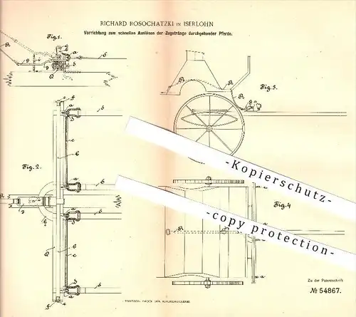 original Patent - Richard Rosochatzki , Iserlohn , 1890 , schnelles Auslösen der Zugstränge durchgehender Pferde , Pferd